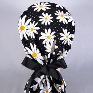 Doodle Daisy on Black Ponytail Scrub Cap for Women, Floral Surgical Hat with Ribbon Ties Satin Lined Option, Cute Flower Surgery Caps