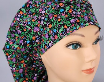 Gorro quirúrgico bouffant floral de medianoche: gorro quirúrgico de algodón ajustable, opción de satén