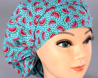 Watermelon on Blue Bouffant Scrub Cap, Women's Surgical Hat, Optional Satin Lining