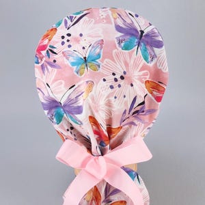Pink Butterfly and Floral Ponytail Scrub Cap for Women, Pretty Surgical Hat with Ribbon Ties Satin Lined Option, Entomology Surgery Caps