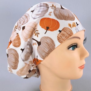 Halloween Fall Harvest Pumpkins Scrub Cap, Adjustable Euro Style, Optional Satin Lining