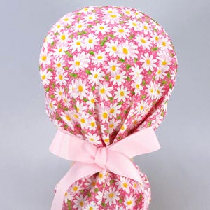 Floral Ponytail Scrub Cap for Women, Pink Daisy Surgical Hat with Ribbon Ties, Satin Lined Option, Flower Surgery Hats