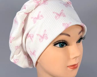 Stretchy Scrub Cap, Pink Bows on White, Soft Knit Surgical Hat