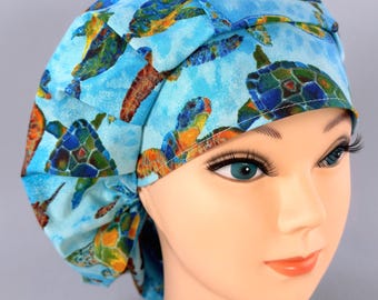 Gorro quirúrgico ajustable de algodón con forro de satén Ocean Turtles