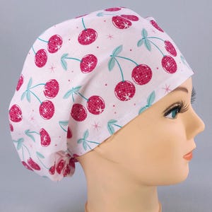 Disco Ball Cherries Euro Scrub Cap: Adjustable Pink Surgical Hat, Optional Satin Lining