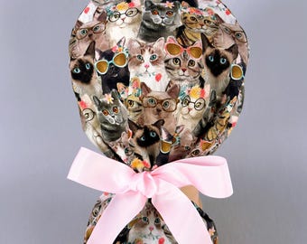 Gorro quirúrgico para gatitos, gorro con cola de caballo para gatos con gafas, lazos de cinta (forro de satén opcional).