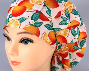 Gorro quirúrgico ajustable de algodón con lunares rosas y naranjas, opción de satén.