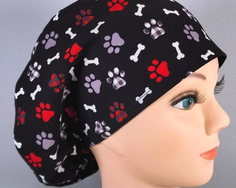 Paw Prints Euro Scrub Cap, Adjustable Surgical Hat, Optional Satin Lining
