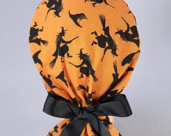 Halloween Ponytail Scrub Cap: Witch on Orange Ribbon Tie Surgical Hat, Optional Satin Lining