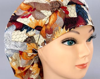 Gorro quirúrgico con estampado de gallo y girasol, opción con forro de satén.