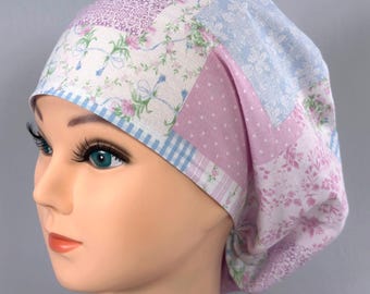 Gorro quirúrgico europeo con estampado de retazos en tonos pastel, gorro quirúrgico floral, forro de satén opcional.