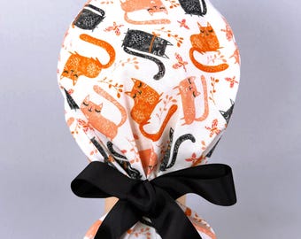 Halloween Cats Ponytail Scrub Cap, Fall Surgical Hat, Optional Satin Lining