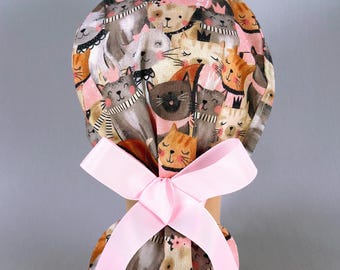 Gorro quirúrgico con gatitos en coleta rosa, gorro quirúrgico con gatitos, forro de satén opcional.