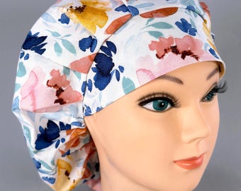 Coral and Navy Floral Bouffant Scrub Cap, Women's Adjustable Surgical Hat, Optional Satin Lining