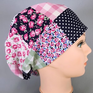 Patchwork Euro Scrub Cap, Floral Surgical Hat, Optional Satin Lining