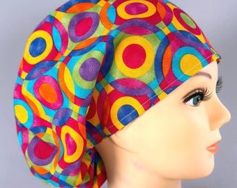 Colorful Circles Euro Scrub Cap, Womens Surgical Hat, Optional Satin Lining
