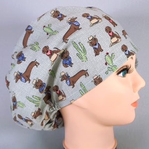 Western Dachshund Euro Scrub Cap, Cowboy Cactus Dogs Veterinary Surgical Hat, Optional Satin Lining