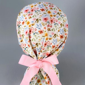 Floral Bows Ponytail Scrub Cap, Women's Surgical Hat, Ribbon Ties, Optional Satin Lining