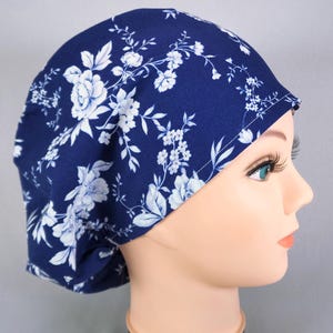 Navy Blue Floral Euro Scrub Cap, Surgical Hat with Toggle, Satin Lined Option