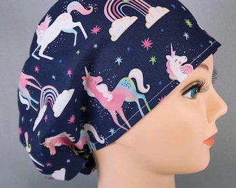 Unicorn Rainbow Scrub Cap, Navy Blue Euro Style Surgical Hat, Optional Satin Lining