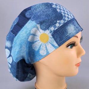 Denim Daisy Patchwork Euro Scrub Cap, Adjustable, Optional Satin Lining