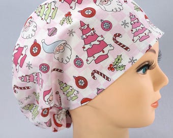 Christmas Santa Scrub Cap, Retro Pink Surgical Hat, Optional Satin Lining