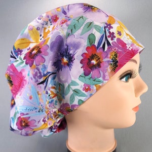 Purple Pink Floral Euro Scrub Cap for Women with Adjustable Toggle Spring Flower Surgical Hat, Satin Lined Option