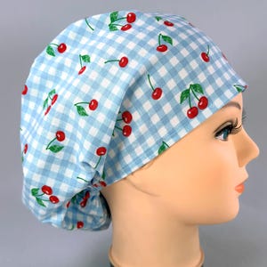 Blue Gingham Cherries Scrub Cap, Adjustable Euro Style, Optional Satin Lining