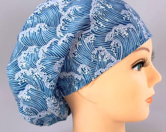 Gorro quirúrgico europeo Blue Ocean Wave para mujer, con forro de satén opcional.