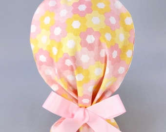 Summer Sherbet Hexagon Ponytail Scrub Cap, Pink Floral Surgical Hat, Optional Satin Lining