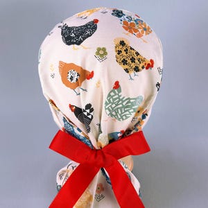 Country Chickens Ponytail Scrub Cap, Patchwork Surgical Hat, Ribbon Ties, Optional Satin Lining
