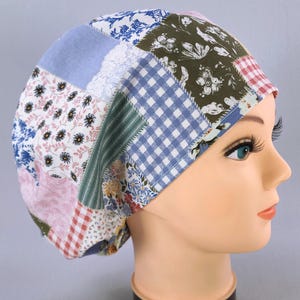 Floral Patchwork Scrub Cap: Adjustable Euro Style, Optional Satin Lining