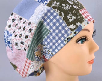 Floral Patchwork Scrub Cap: Adjustable Euro Style, Optional Satin Lining