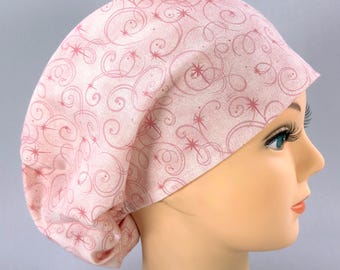 Pink Swirl Scrub Cap, Adjustable Euro Style Surgical Hat, Optional Satin Lining