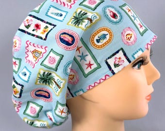 Gorro quirúrgico playero estilo europeo, gorro ajustable con estampado náutico oceánico, forro de satén opcional.