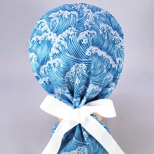 Blue Ocean Waves Ponytail Scrub Cap: Surgical Hat with Ribbon Ties, Optional Satin Lining
