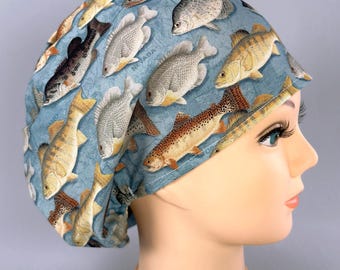 Gorro quirúrgico Fish Euro, gorro azul con mapa de pesca de EE. UU., forro de satén opcional.