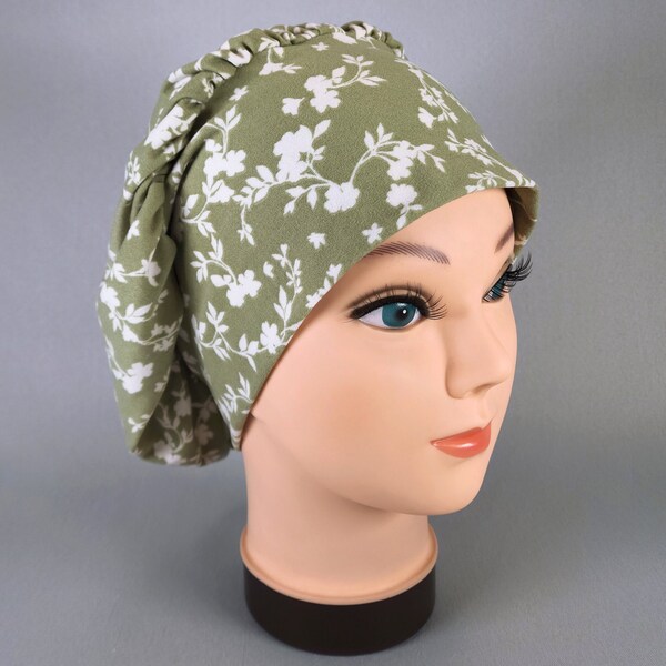 Stretchy Scrub Cap for Women, Olive Green Floral Surgical Hat, Flower Soft Easy to Wear Surgery Caps