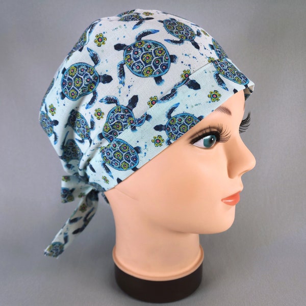 Turtles on Blue Pixie Scrub Cap for Women, Nautical Surgical Hats with Hair Pocket