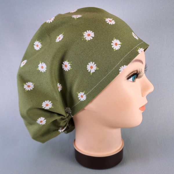 Daisies on Olive Green Euro Scrub Cap, Women's Surgical Hat with Adjustable Toggle,  Cute Daisy Floral Scrub Hat