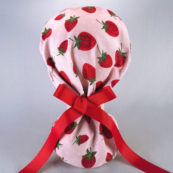 Strawberries on Pink Ponytail Scrub Cap for Women with Red Ribbon Ties Elastic Pouch Polka Dot Strawberry Surgical Hat