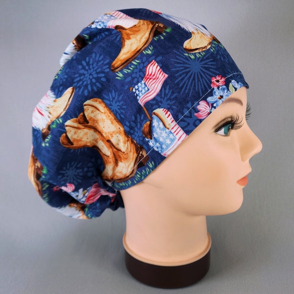 Euro Scrub Cap for Women, Cowboy Boots on Blue Surgical Hat, Country Western Surgery Caps with Adjustable Toggle