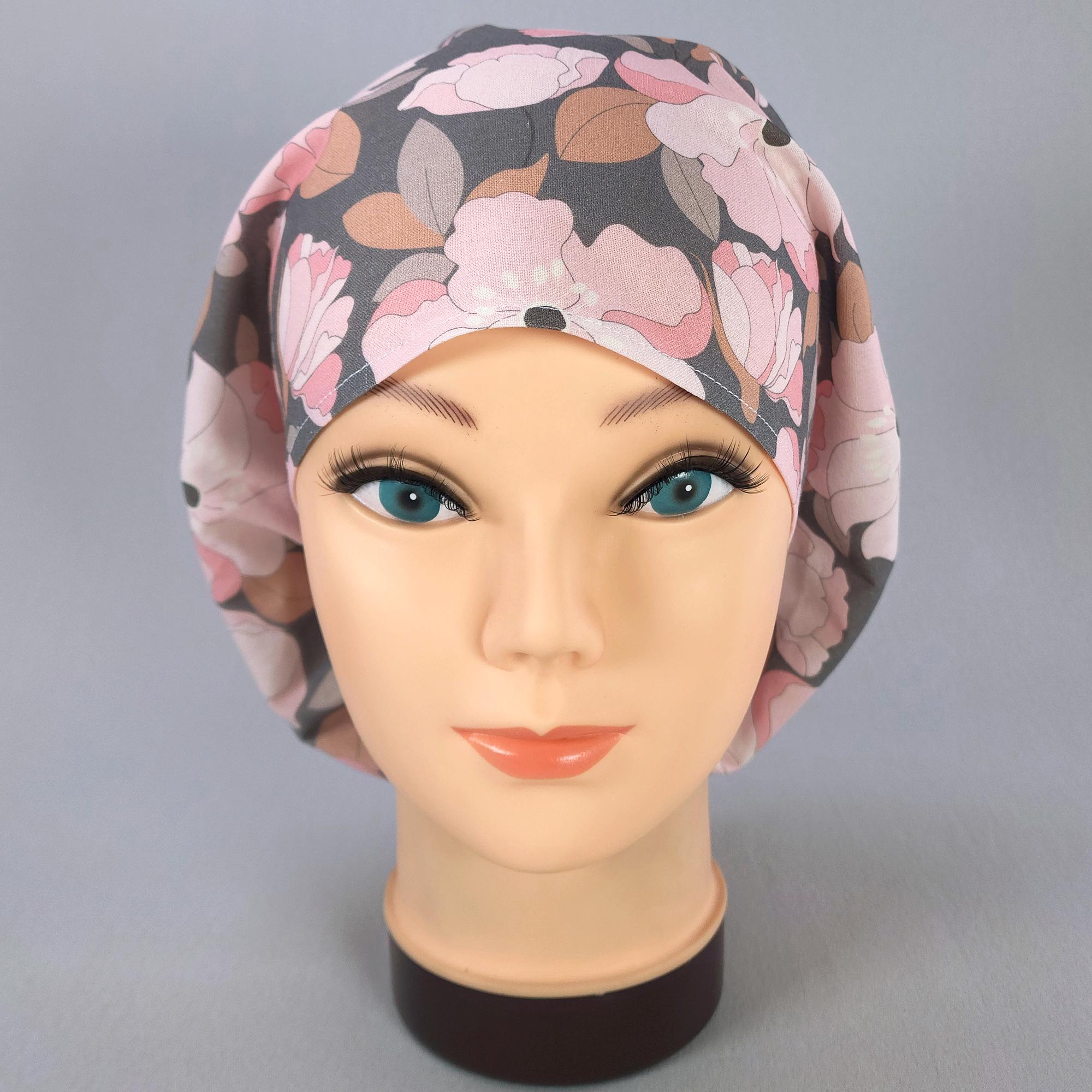 Pink Peony Floral Scrub Cap for Women: Gray Surgical Hat With Toggle - Etsy
