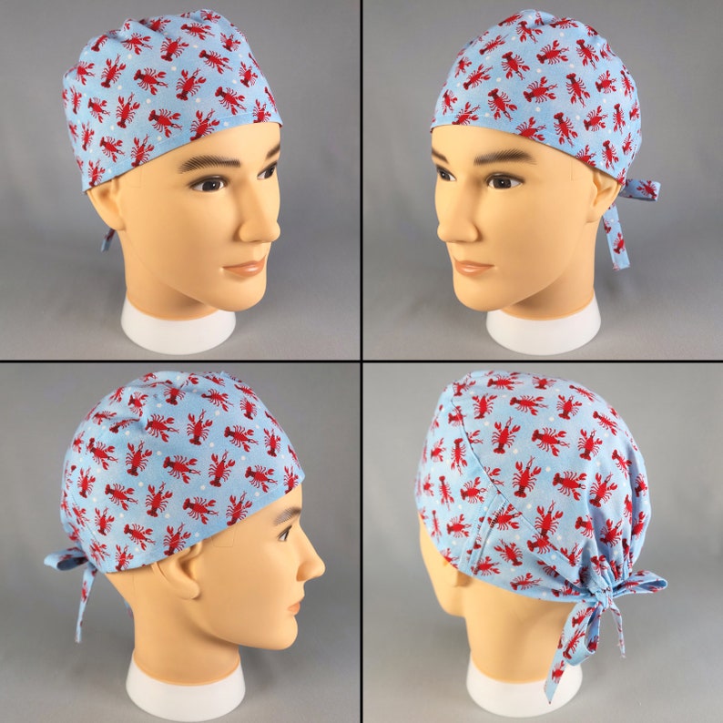 Lobsters on Blue Tie Back Men's Women's Scrub Cap Surgical Hat Fishing