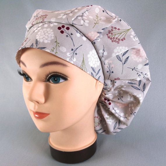 Gray Floral Bouffant Scrub Cap: Adjustable Cotton Surgical  display picture 2
