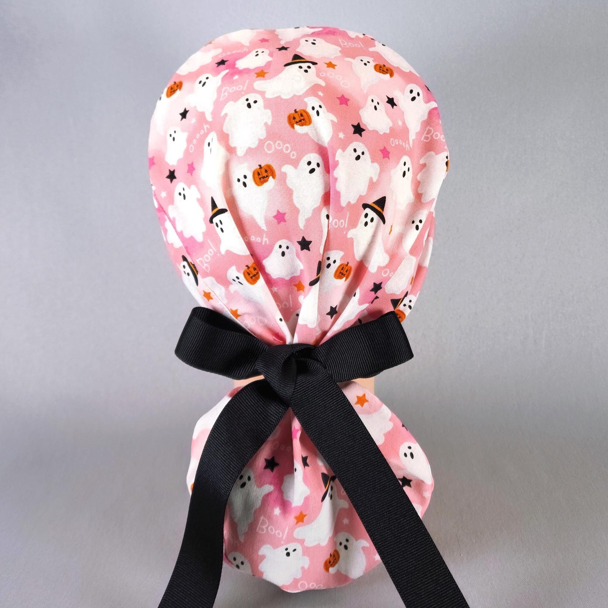 Halloween Boo Ghosts on Pink Ponytail Scrub Cap for Women with Ribbon Ties Elastic Pouch Spooky Fall Surgical Hat Satin Lined Option