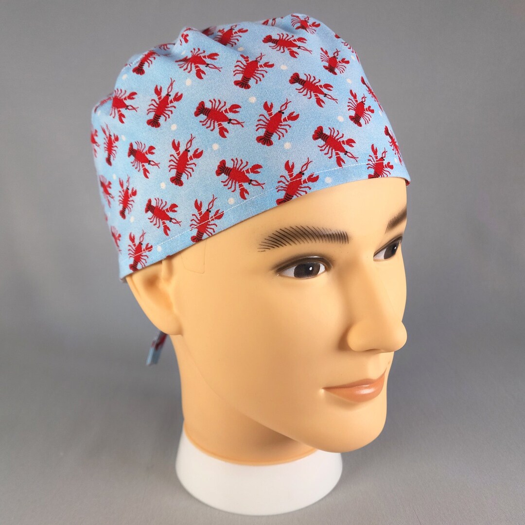 Lobsters on Blue Tie Back Men's Women's Scrub Cap Surgical Hat Fishing