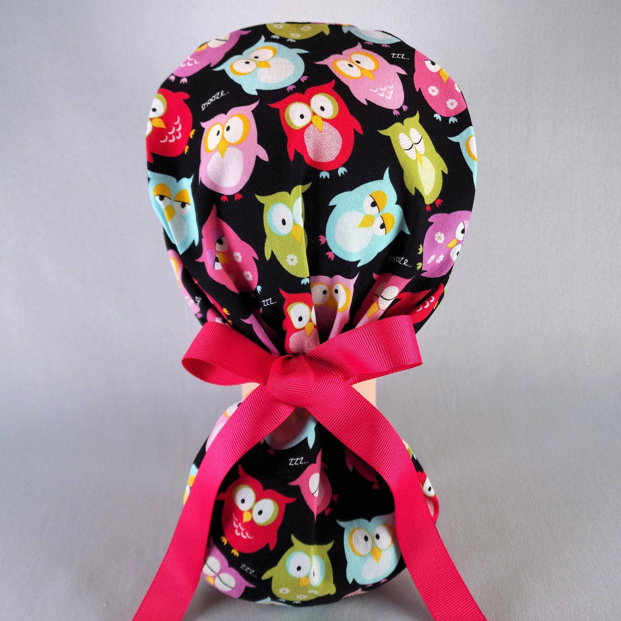Owls on Black Scrub Cap for Women with Pink Ribbon Ties Elastic Pouch Fun Bird Surgical Hat