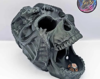3D-geprinte schedel met drakendobbeltoren, RPG-games voor op tafel