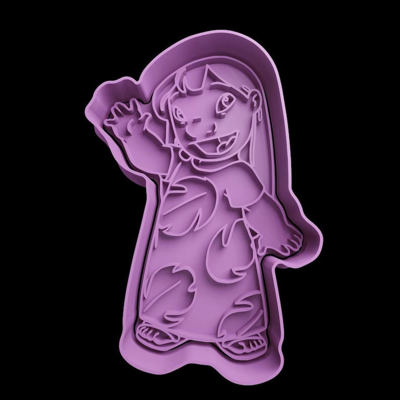 May include: Purple plastic cookie cutter shaped like a cartoon girl with long hair wearing a floral dress and holding her hand up in the air.